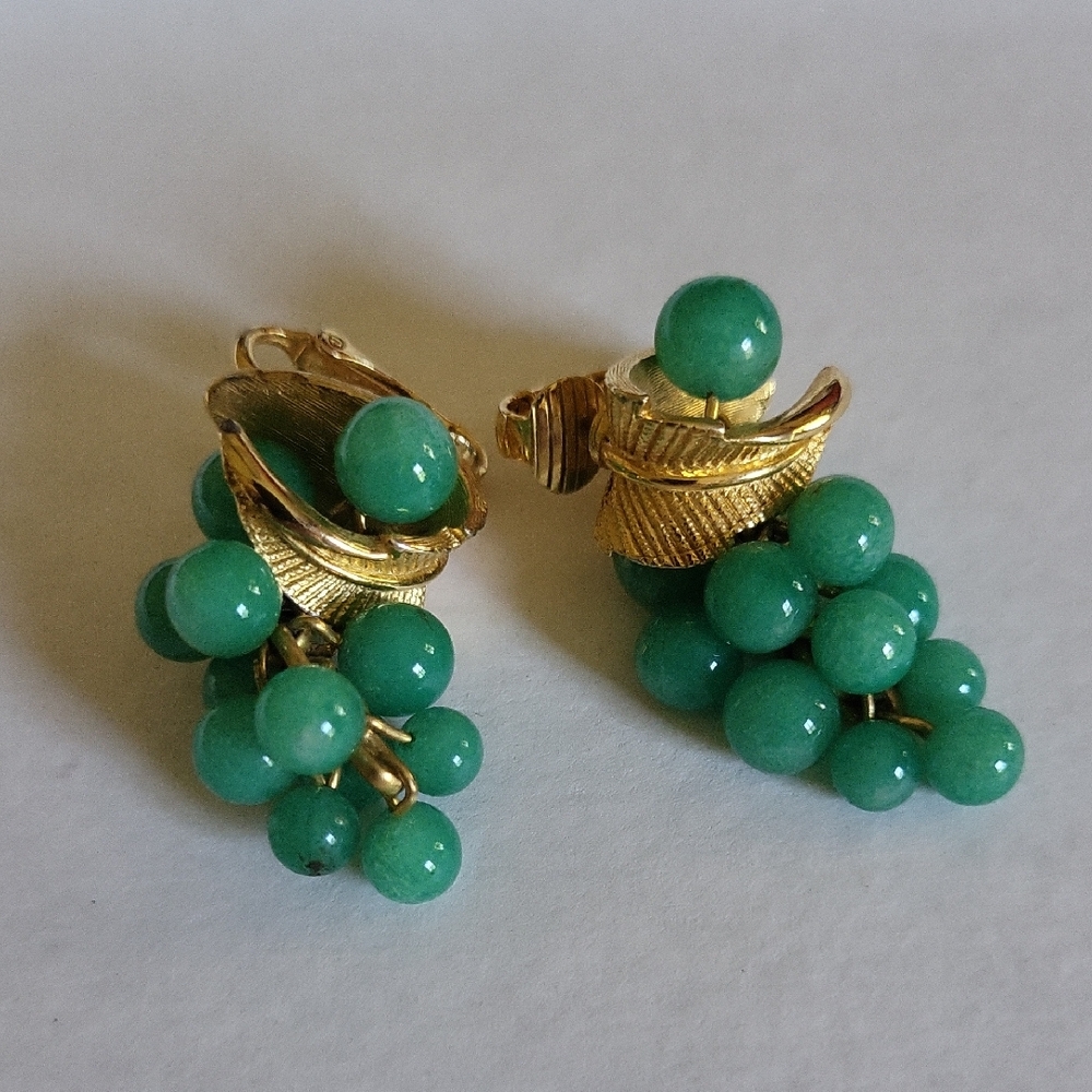 Vintage Boucher Gold Tone and Faux Jade Cluster Earrings